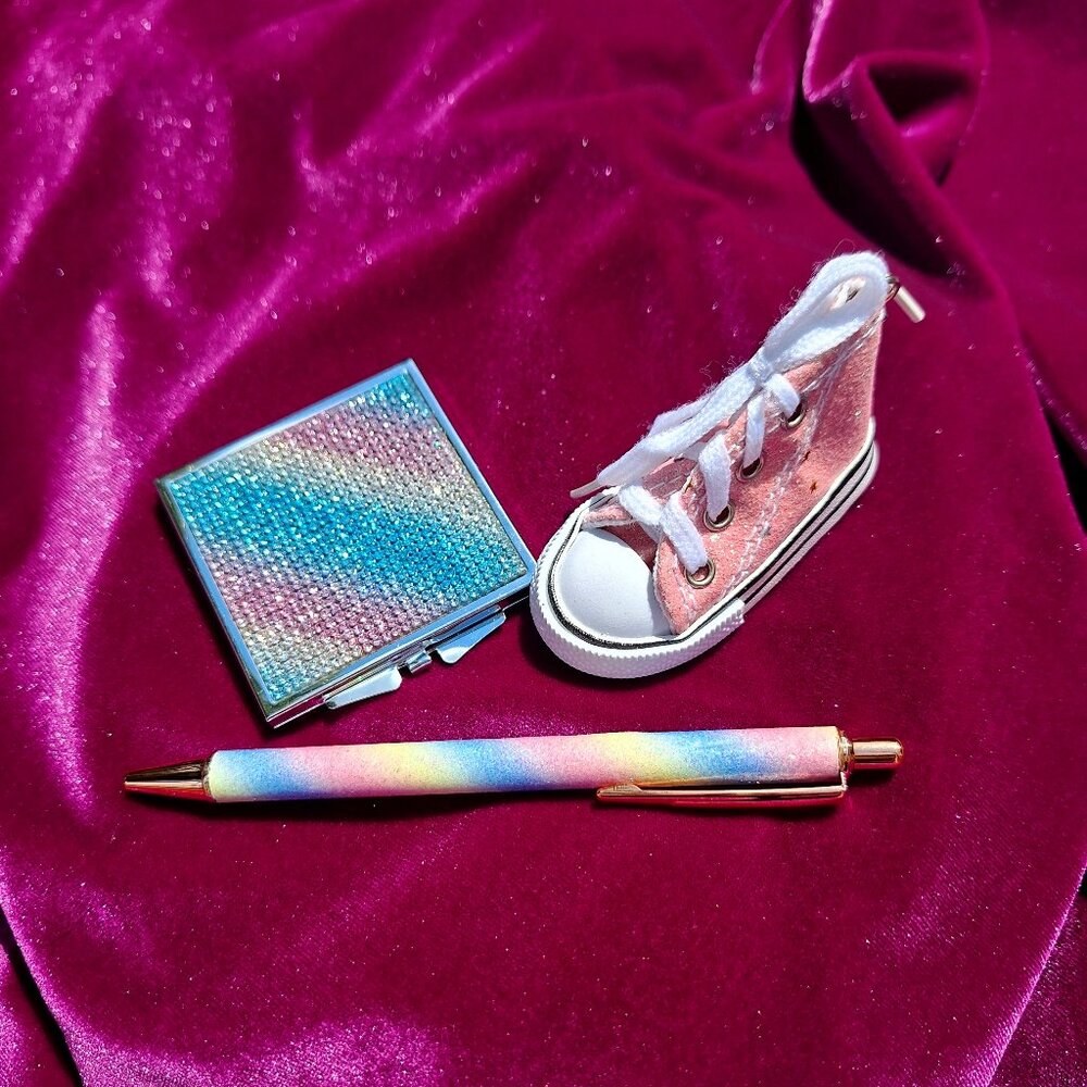 Multi-Color Pastel Bundle of Compact Mirror, Pen and Converse Style Keychain